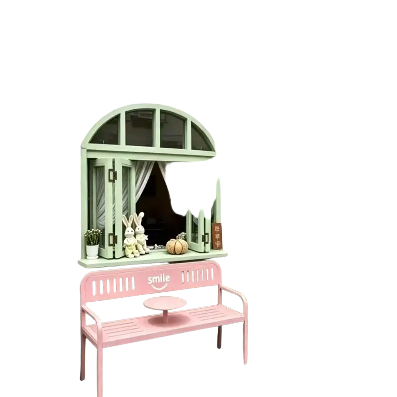 Pink metal patio bench with smile logo and attached small round center table for outdoor furniture use