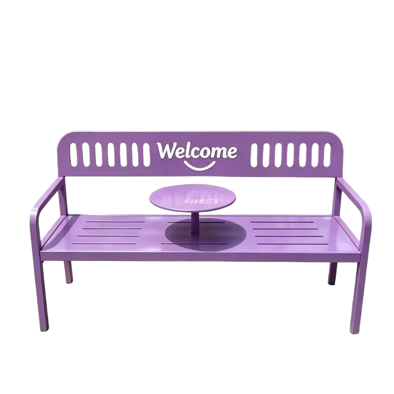 Purple metal patio bench with built-in circular table and welcome text on backrest for outdoor furniture use