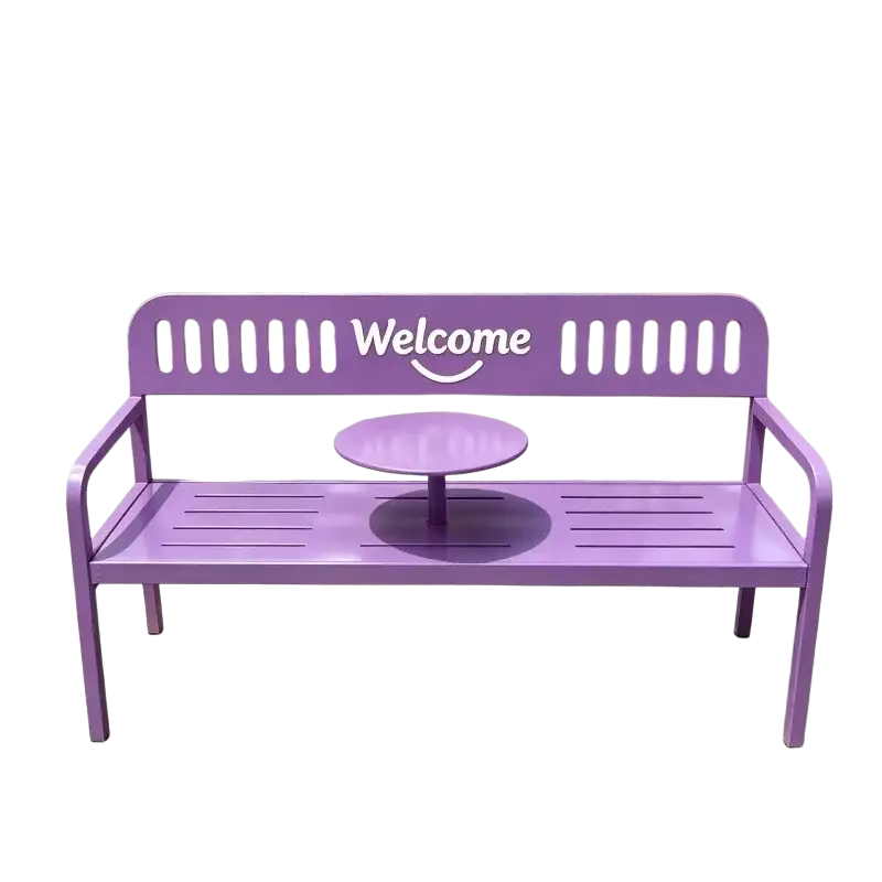 Purple metal patio bench with built-in circular table and welcome text on the backrest for outdoor furniture use