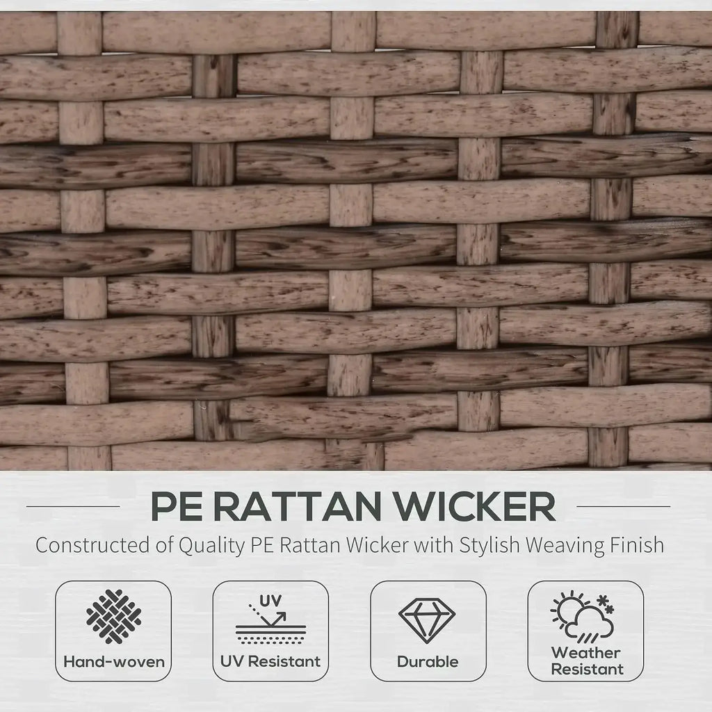 Textured brown pe rattan wicker surface on a hand-woven coffee table in a gray patio furniture set 7 piece sectional