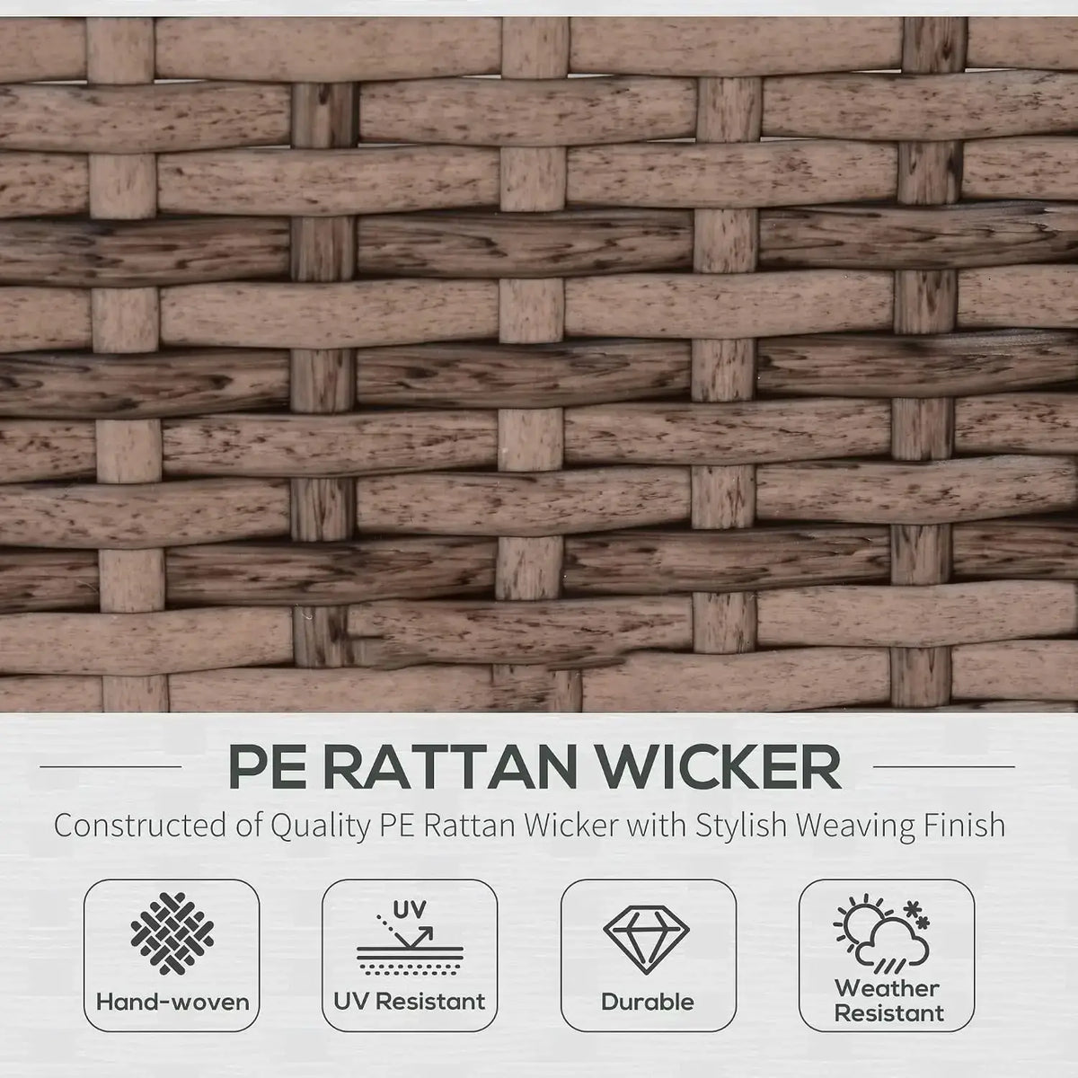 Textured brown pe rattan wicker surface on a hand-woven coffee table in a gray patio furniture set 7 piece sectional