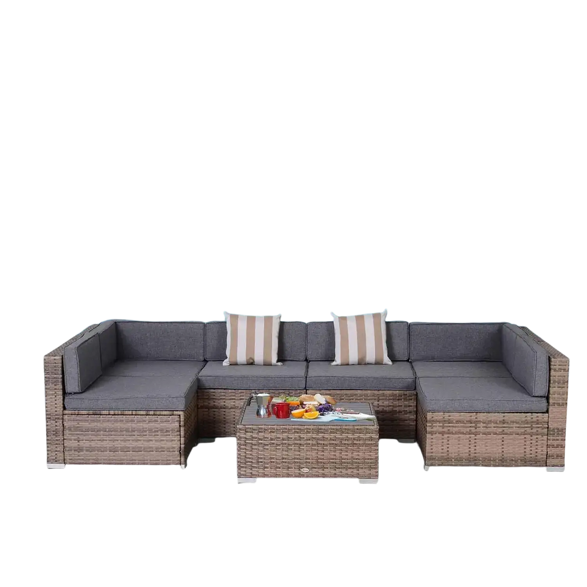 Gray woven wicker outdoor furniture set featuring a 7 piece sectional and coffee table with striped accent pillows