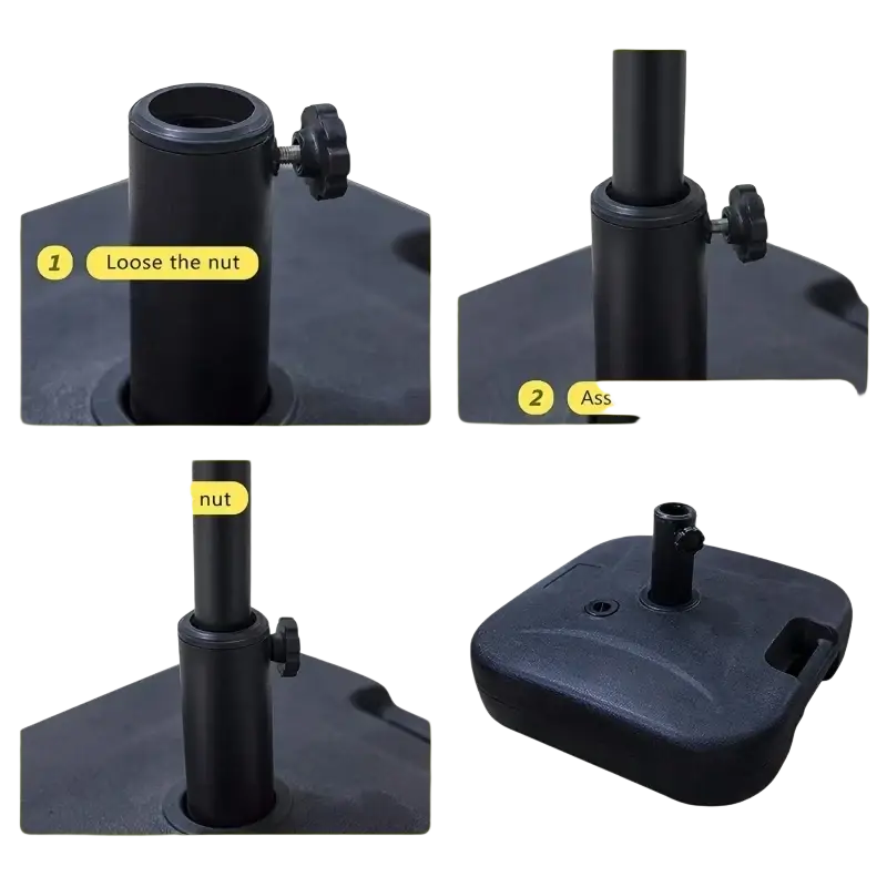 Black plastic patio umbrella base with integrated handle and adjustable nut for standard patio umbrella assembly