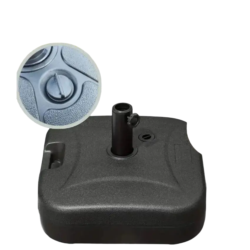 Black plastic fillable heavy duty patio umbrella base with central pole hole and textured surface for standard patio umbrella