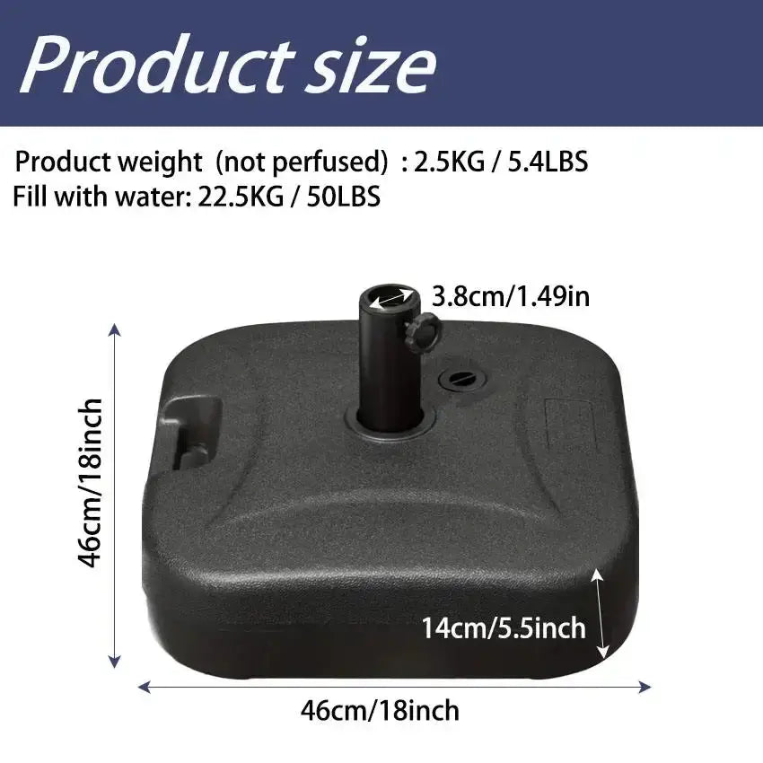 Black plastic heavy duty patio umbrella base with central pole attachment and molded handles for standard patio umbrella