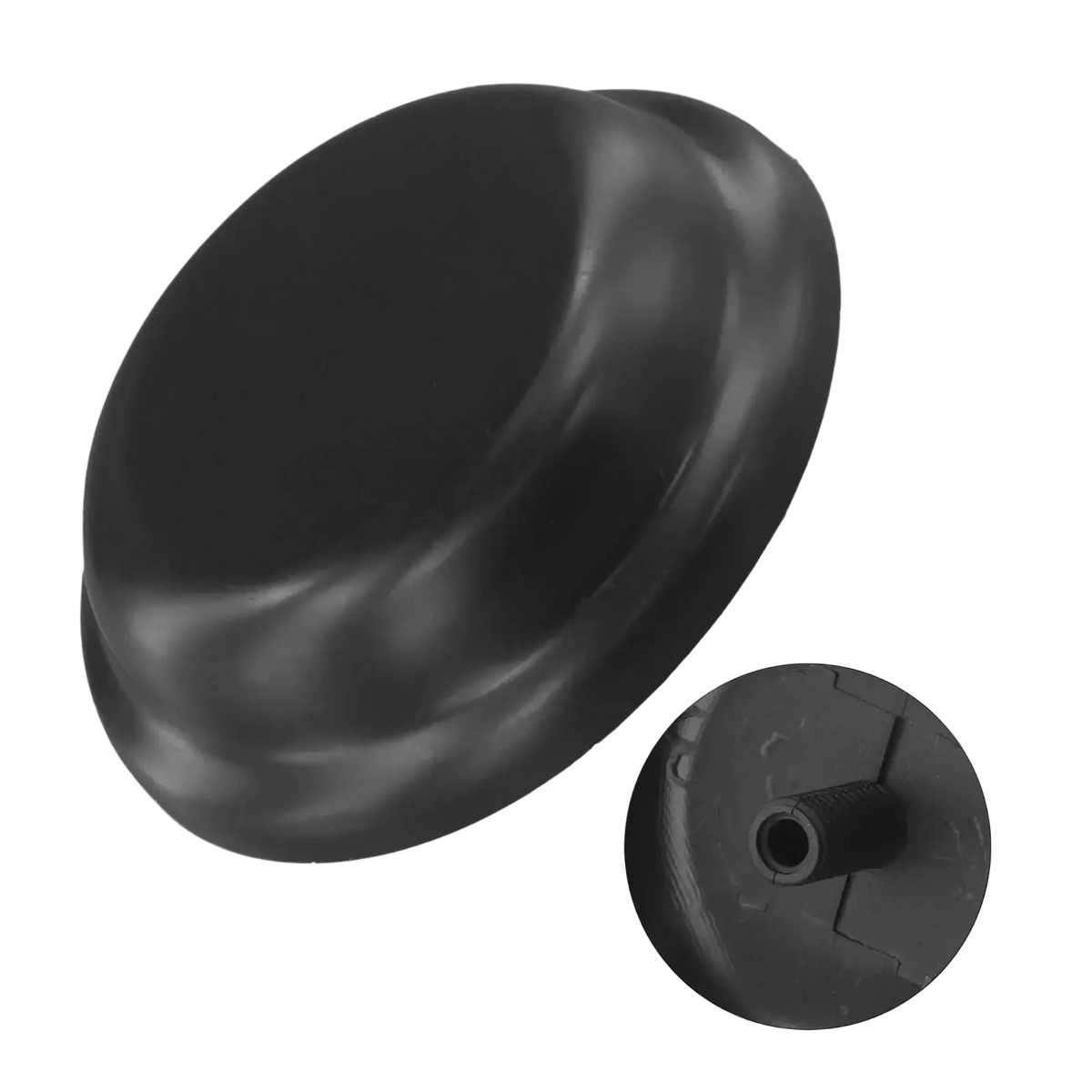 Black glossy plastic suction cup with central threaded hole for attachment patio umbrella replacement hat