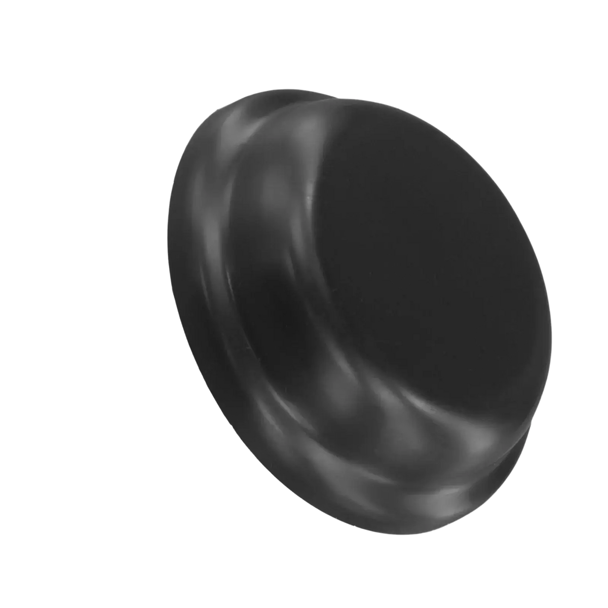Black rubber patio umbrella replacement hat with smooth rounded surface and raised edge for outdoor patio use