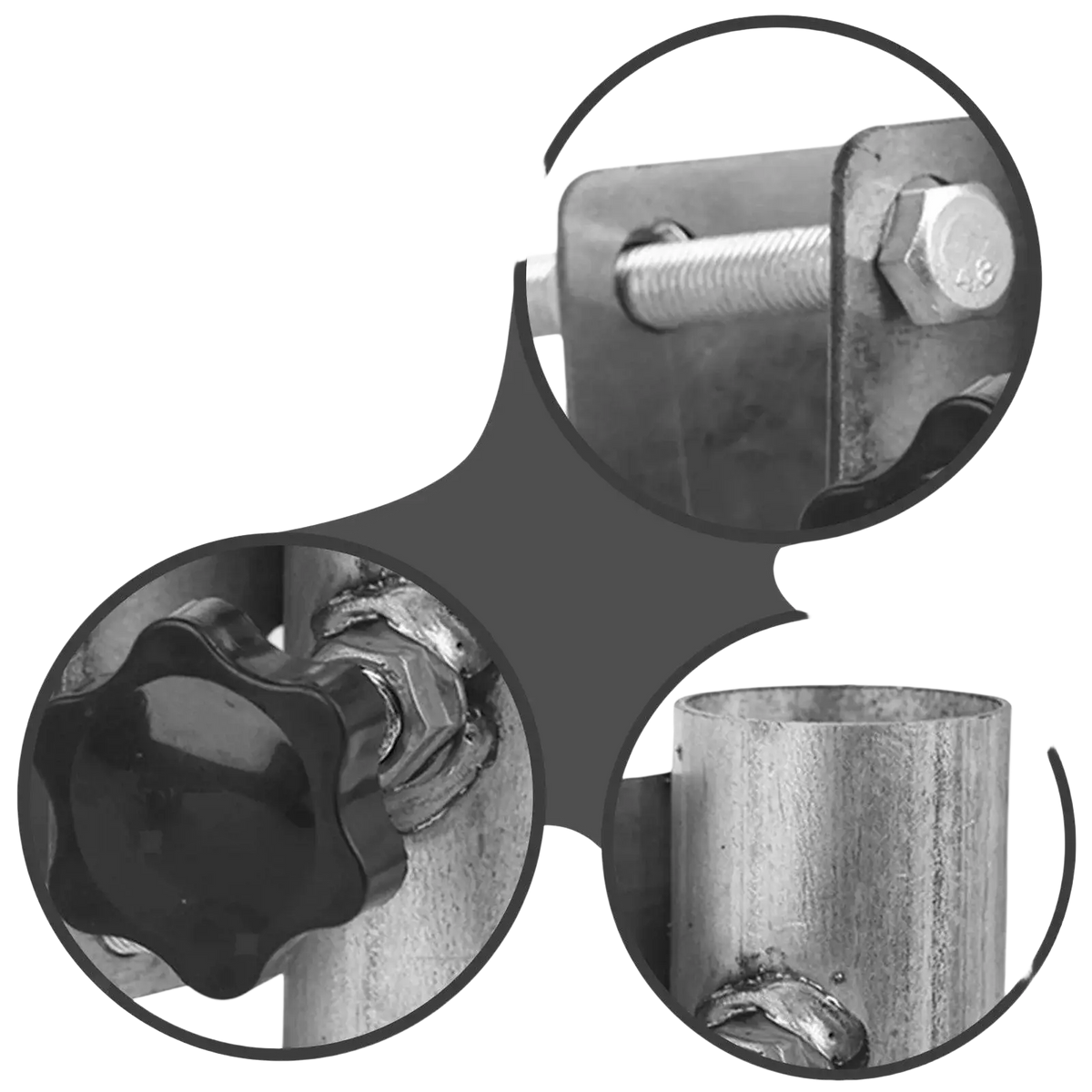 Black plastic star-shaped knob on galvanized metal pipe assembly with welds and bolts for patio umbrella stand rail mount