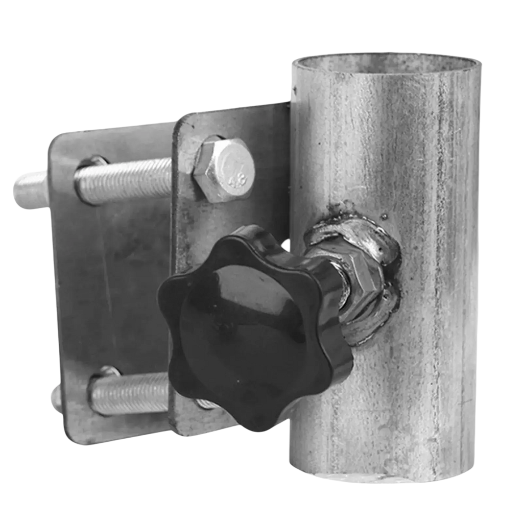 Black star-shaped knob on galvanized metal rail mount with adjustable bolts for patio umbrella stand stability