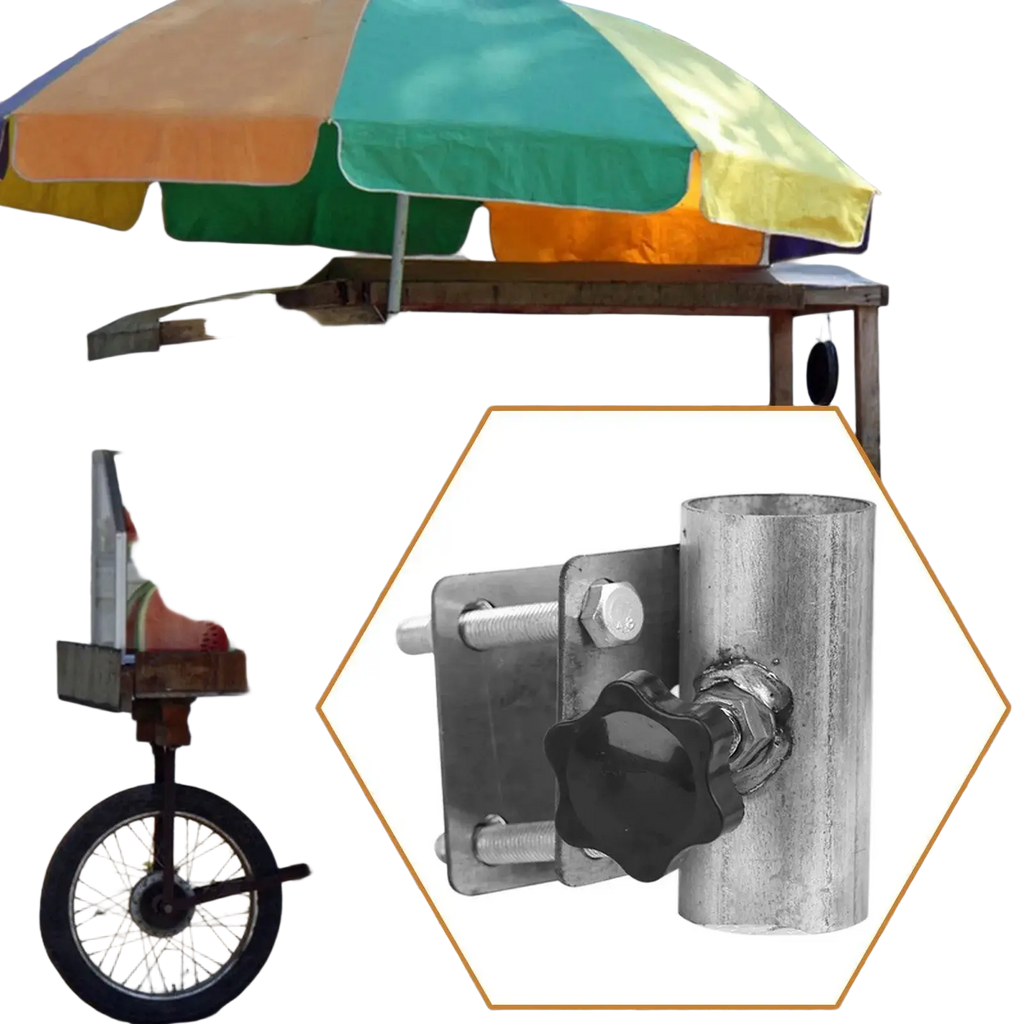 Metal umbrella pole clamp with black star-shaped handle and silver bolts for galvanized patio umbrella stand rail mount