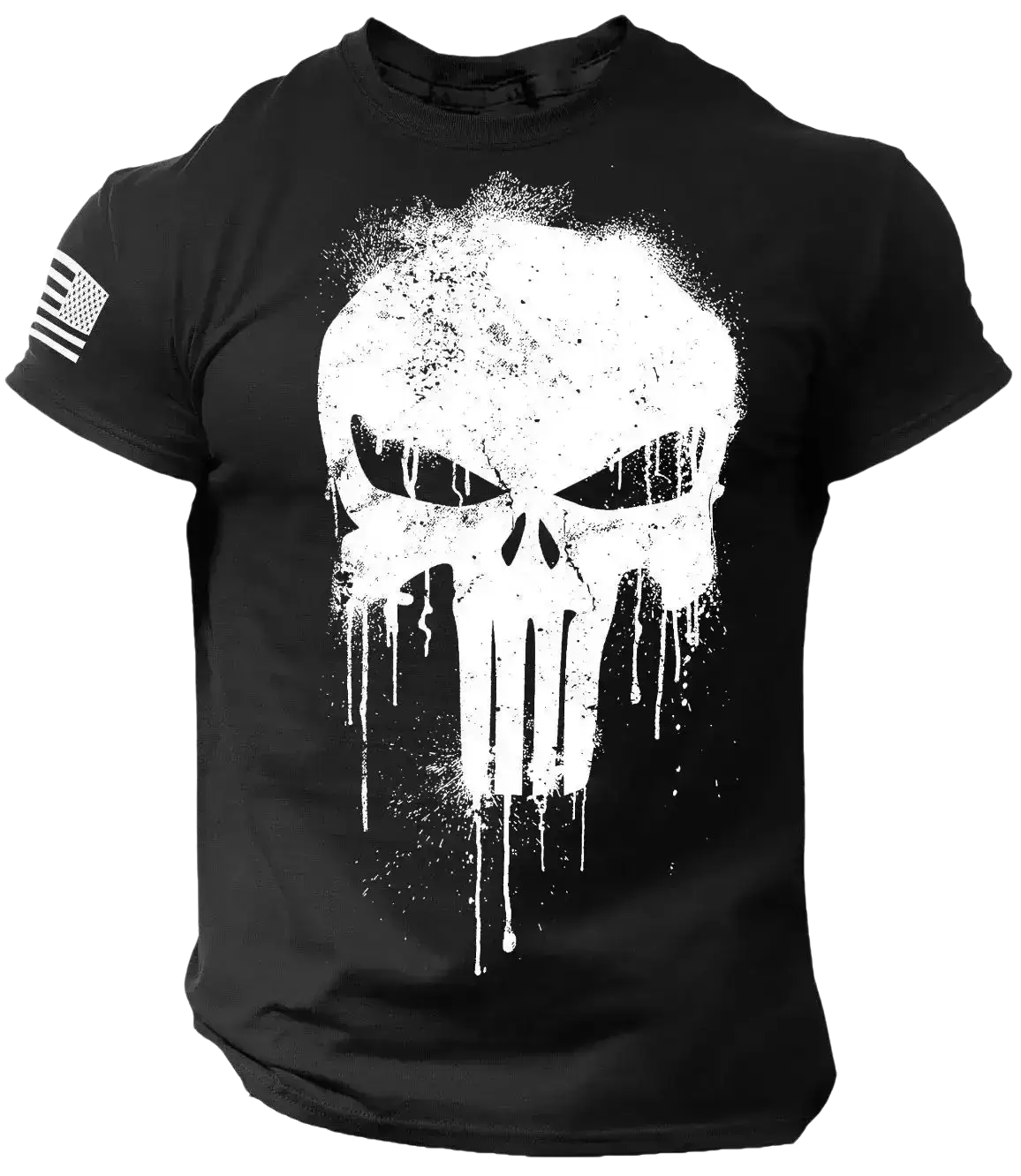 Black men t shirt featuring a distressed white patriotic skull 3d oversized design with a dripping effect and american flag patch