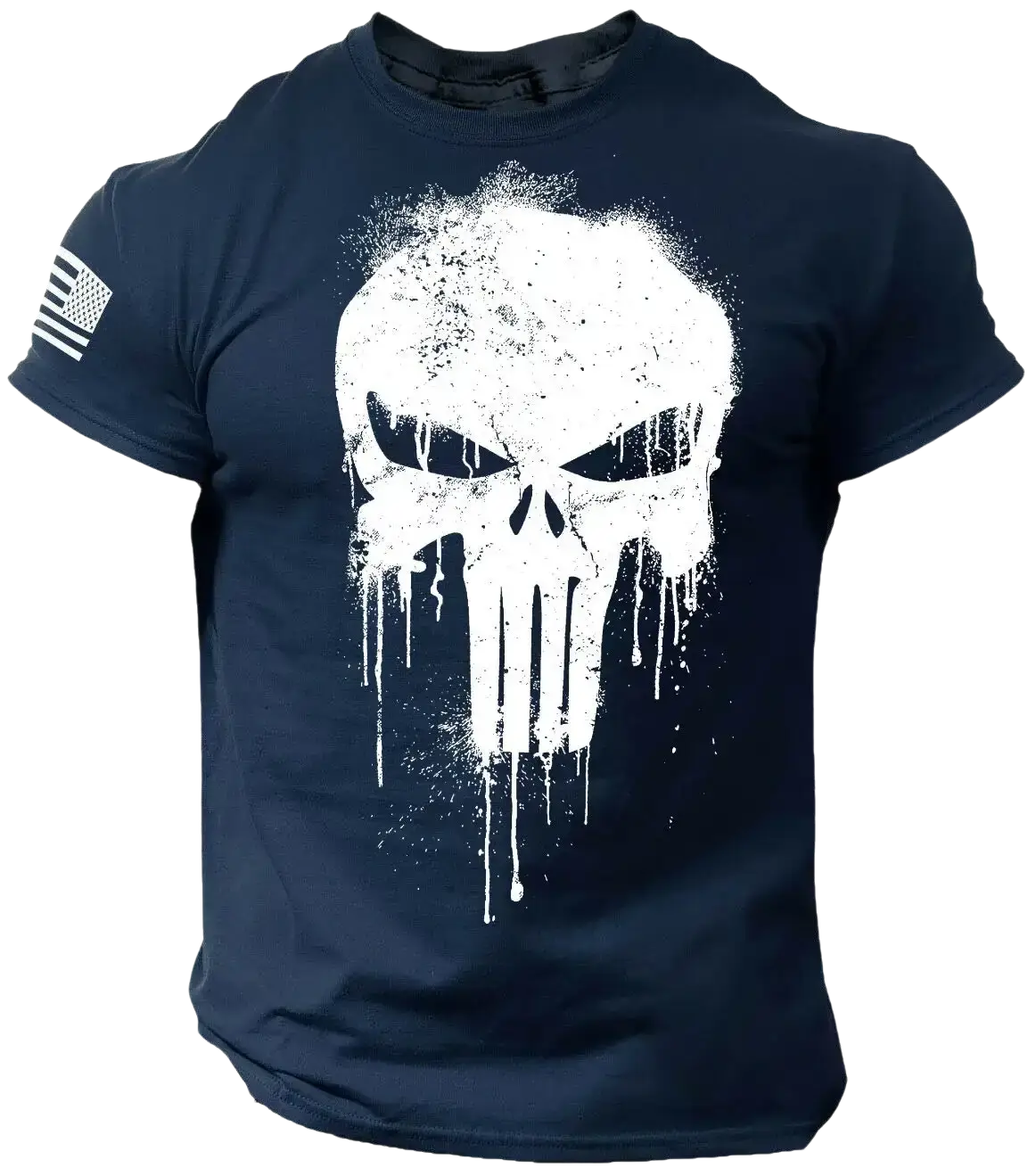 Dark navy blue short-sleeved oversized men t-shirt with distressed white skull graphic and american flag patch on sleeve