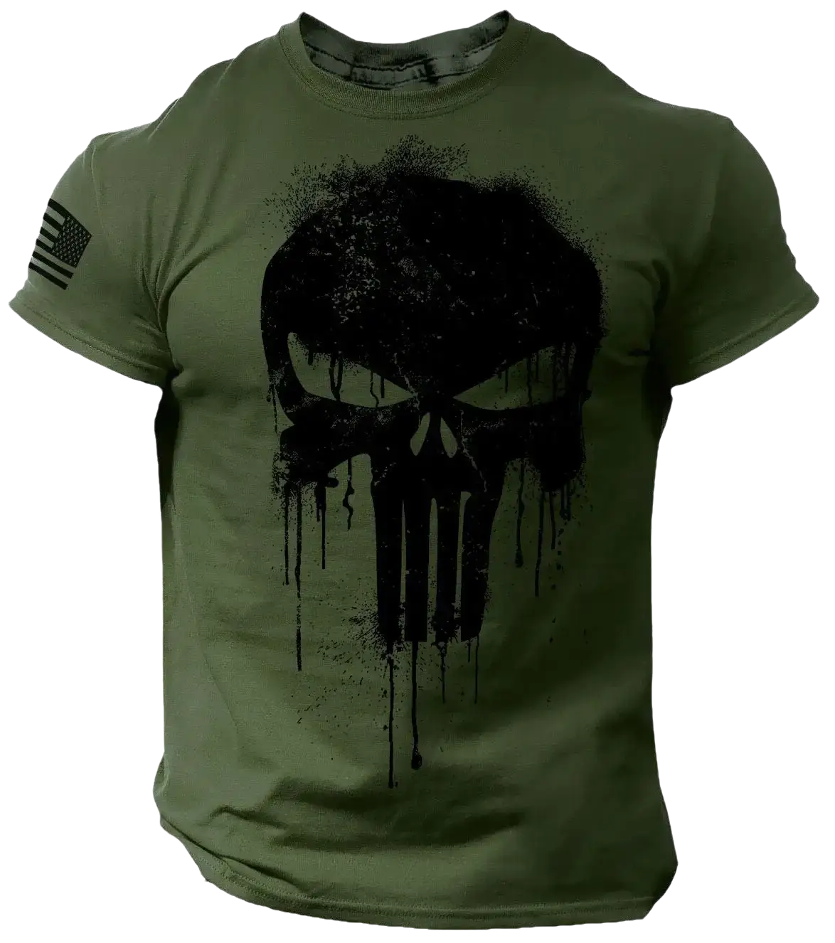 Olive green short-sleeved oversized men t shirt with distressed black punisher skull and american flag sleeve patch