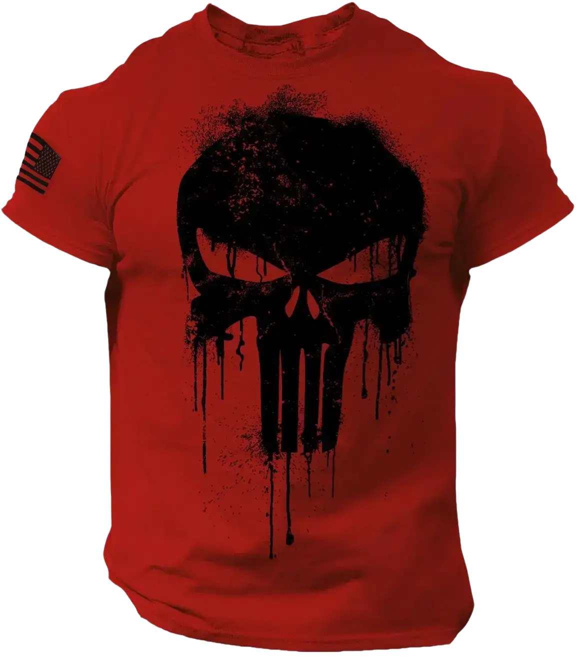 Red oversized men t shirt with black dripping punisher skull graphic and american flag patch on left sleeve