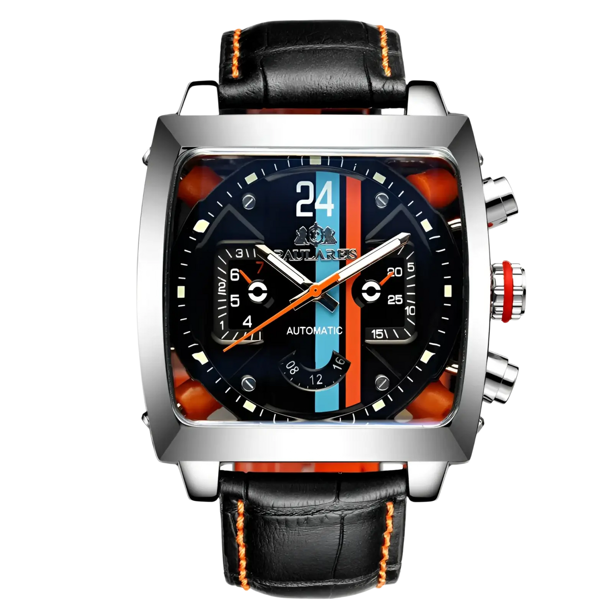 Paulareis square automatic watch with black leather strap orange stitching and silver case blue dial with orange teal stripes