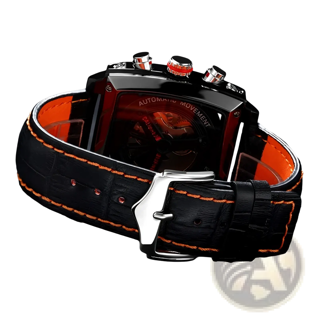 Paulareis square automatic watch with black crocodile-patterned leather strap, orange stitching, and red accent crown guards