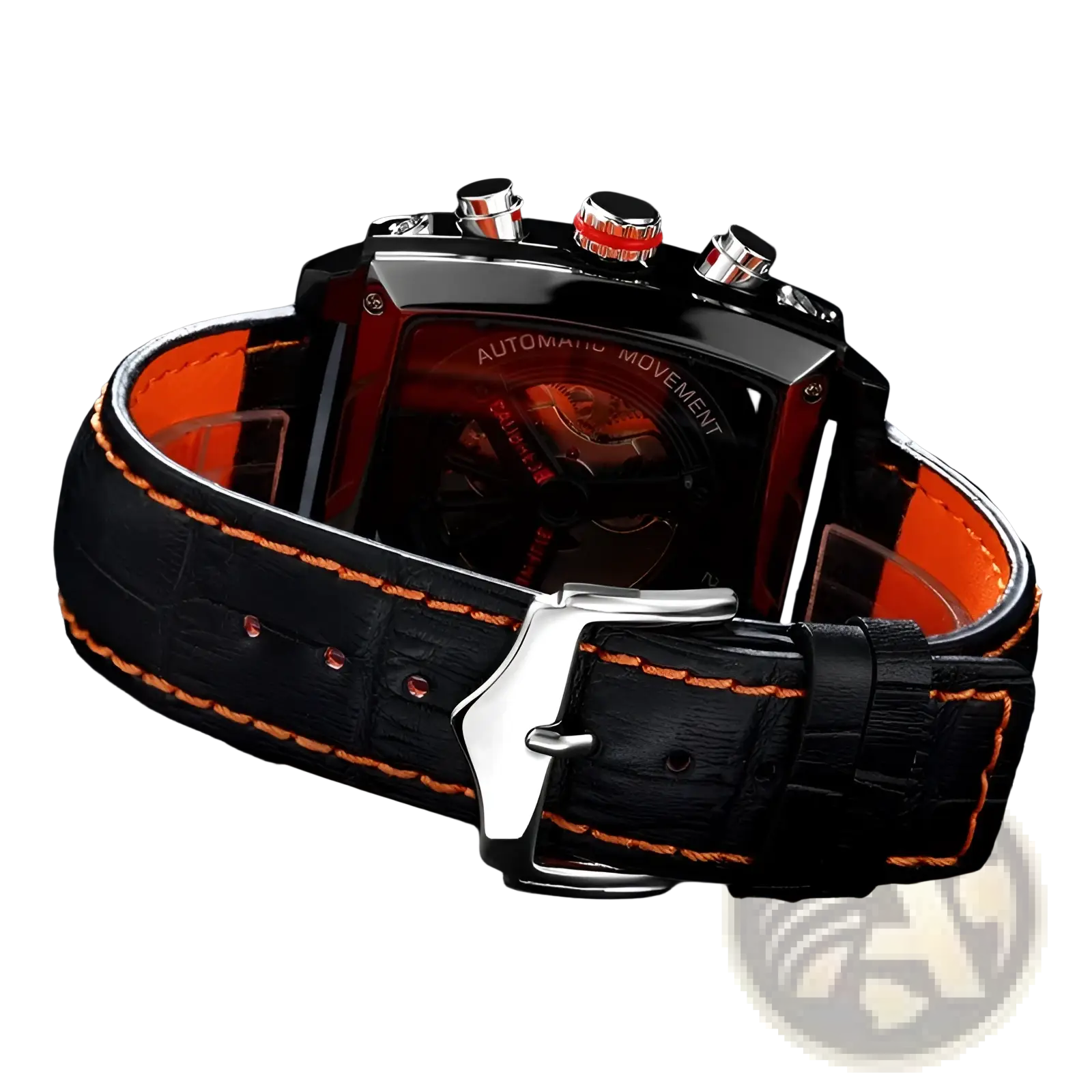 Paulareis square automatic watch with black crocodile-patterned leather strap, orange stitching, and red accent crown guards