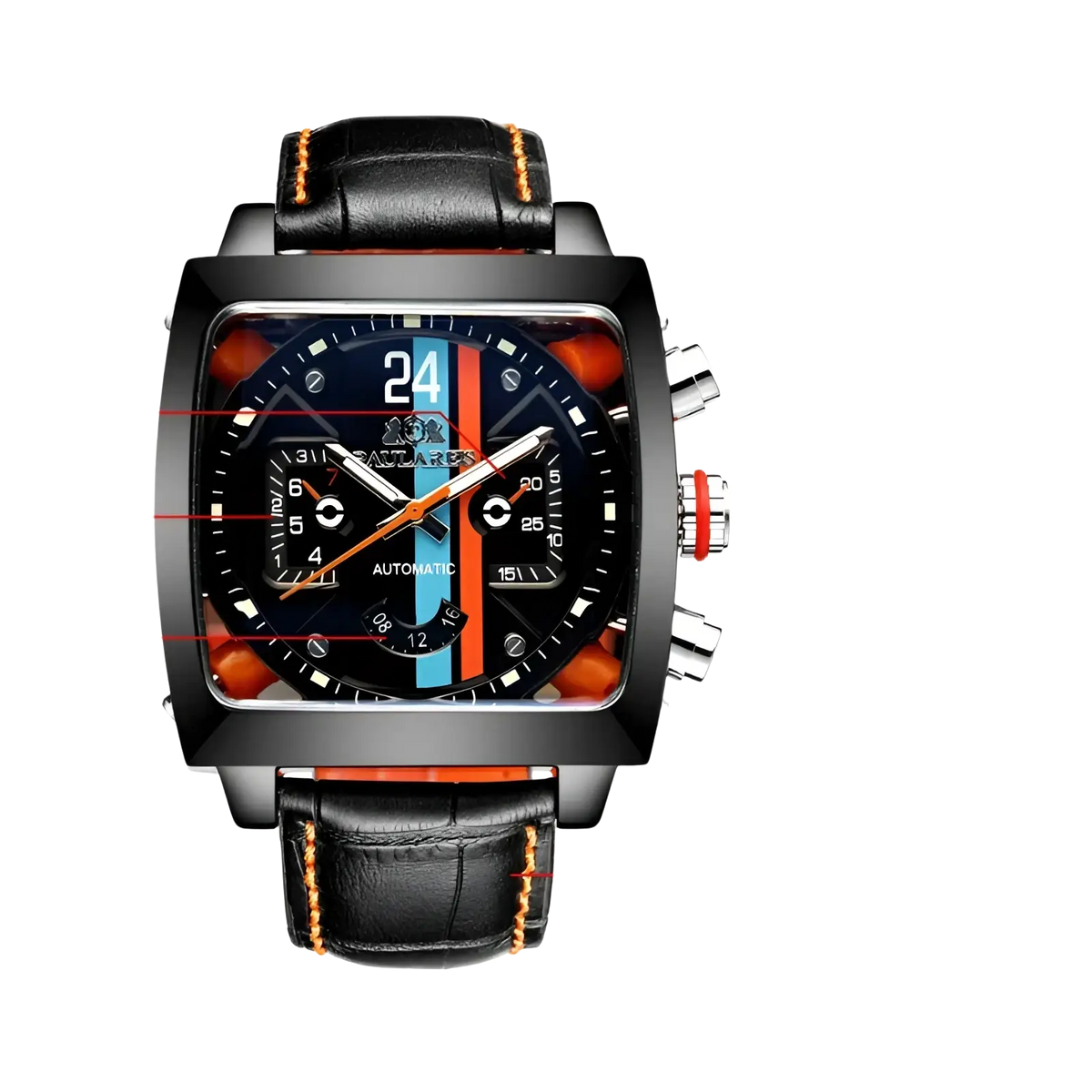 Paulareis square automatic watch with black square face, orange and blue accents, and black leather strap