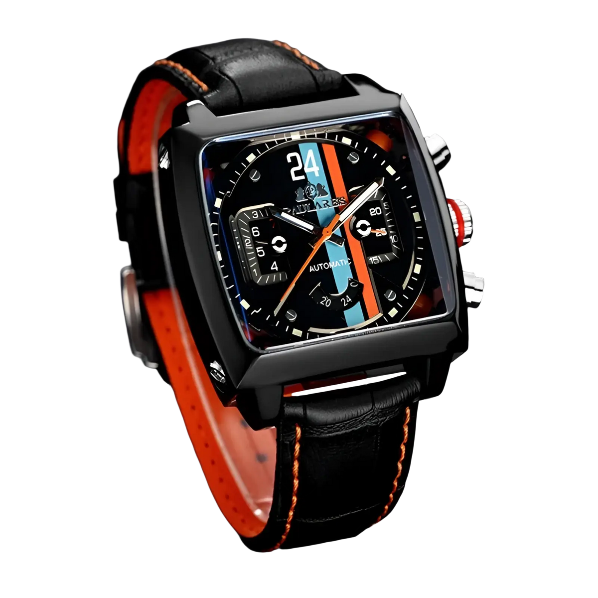Paulareis square automatic chronograph watch with black square face, orange and blue dial accents, and black leather strap