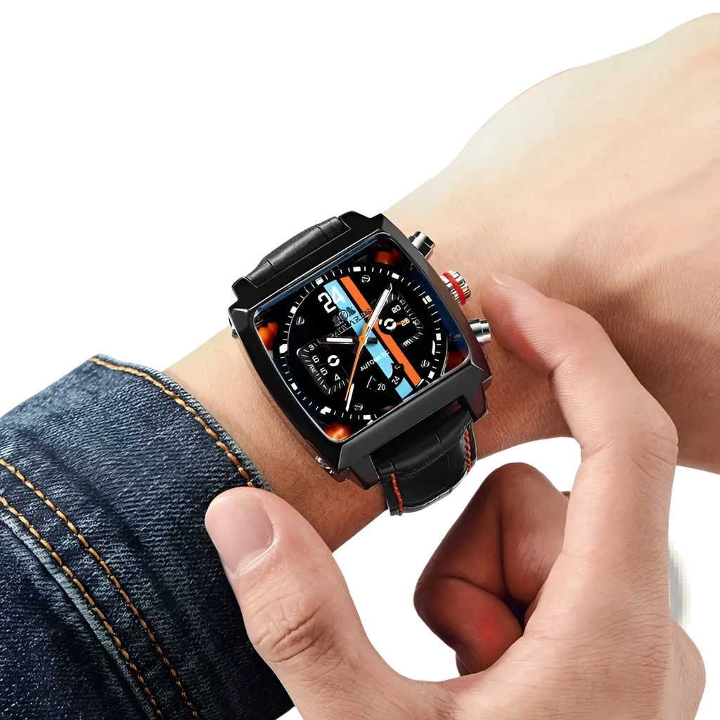 Paulareis square automatic watch with black leather strap red stitching and black chronograph dial with orange and blue accents
