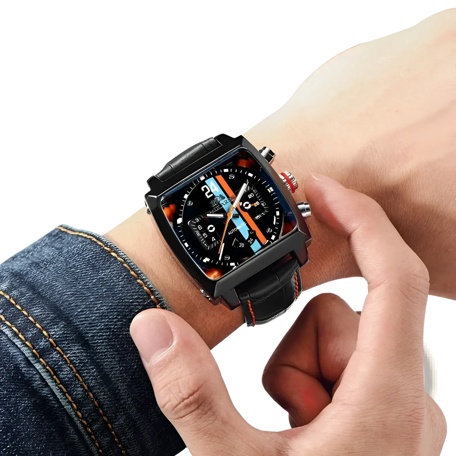 Paulareis square automatic watch with black leather strap red stitching and black chronograph dial with orange and blue accents