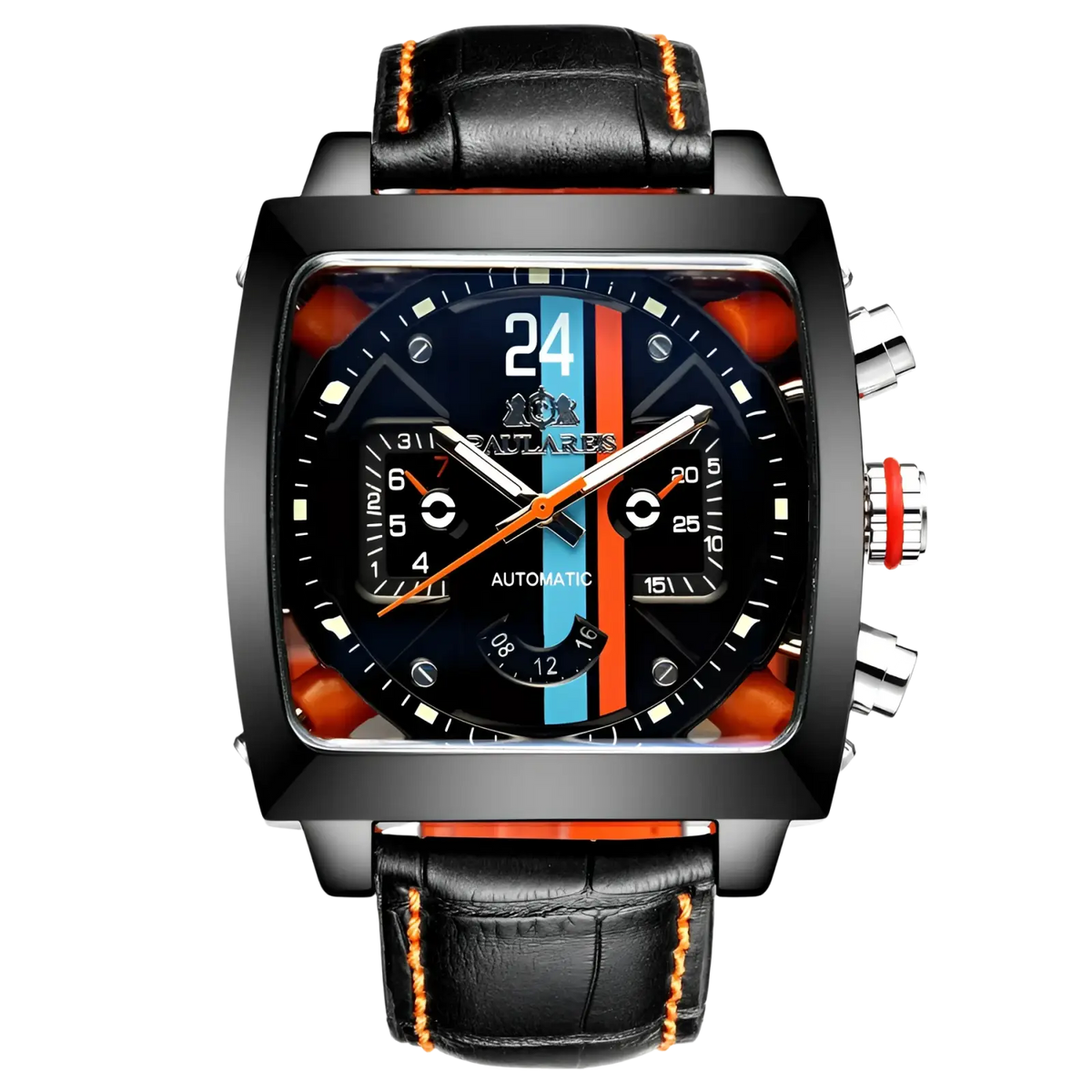 Paulareis square automatic watch with black square chronograph face black leather strap and blue red stripe dial accents