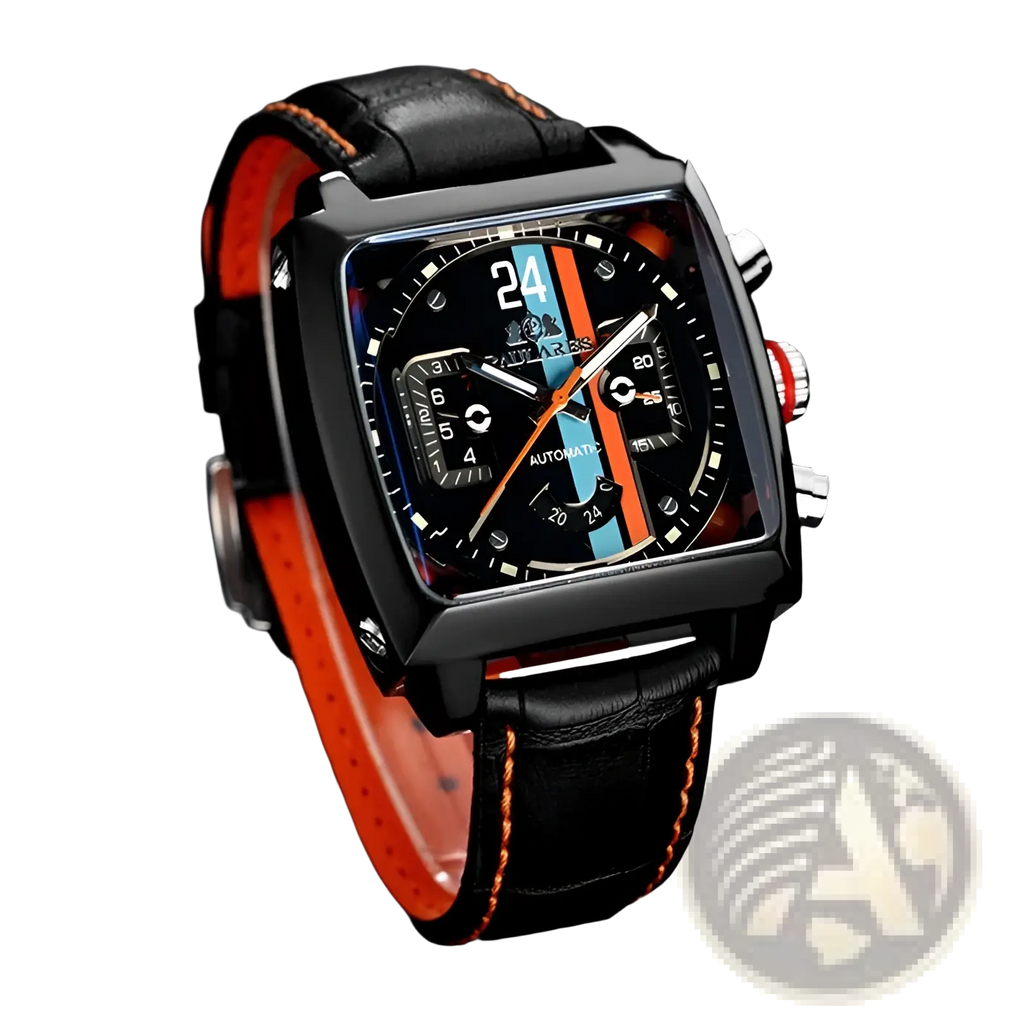 Paulareis square automatic chronograph watch with black square face, orange and blue dial accents, and black leather strap