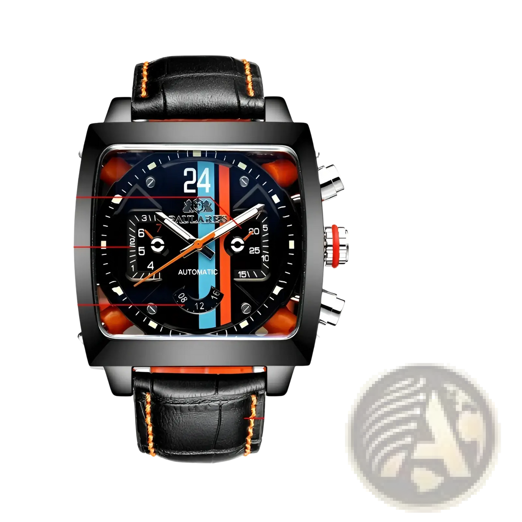 Paulareis square automatic watch with black square face, orange and blue accents, and black leather strap
