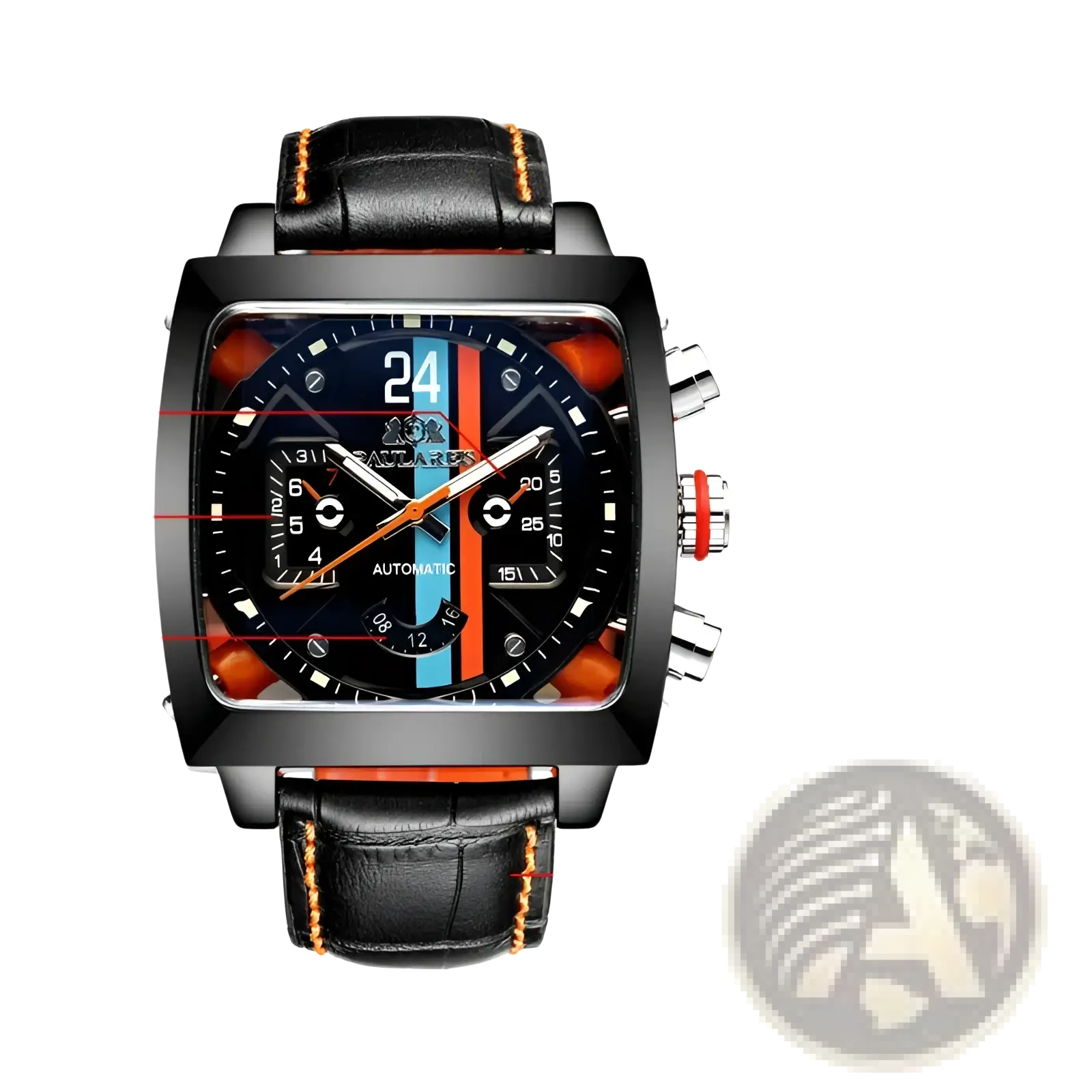 Paulareis square automatic watch with black square face, orange and blue accents, and black leather strap