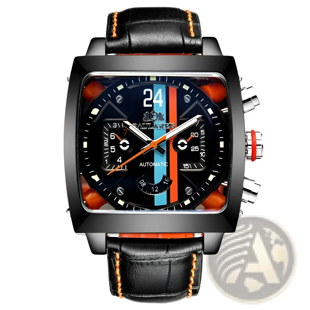 Paulareis square automatic chronograph watch with black leather strap orange stitching and dark blue dial with orange stripes