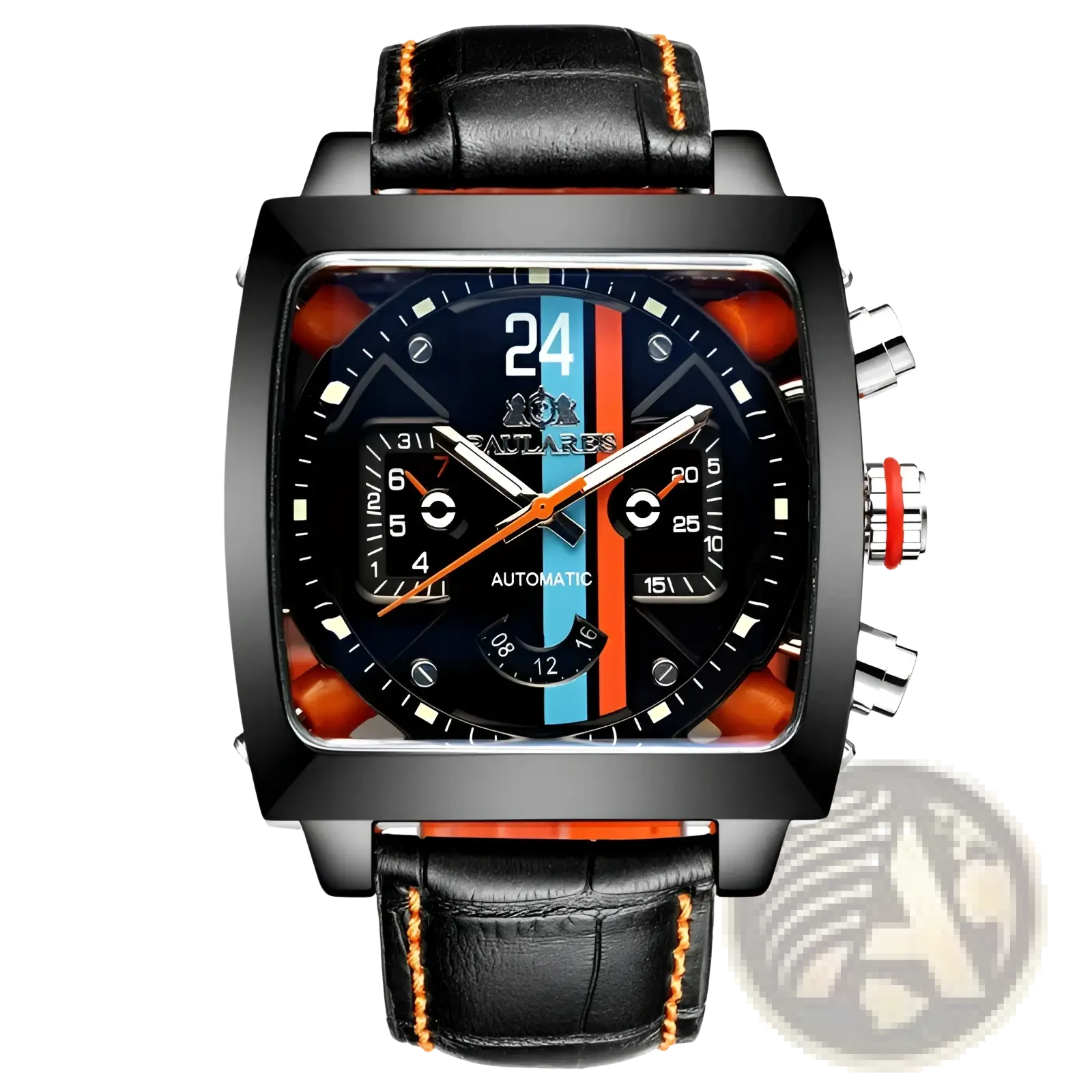 Paulareis square automatic chronograph watch with black leather strap orange stitching and dark blue dial with orange stripes