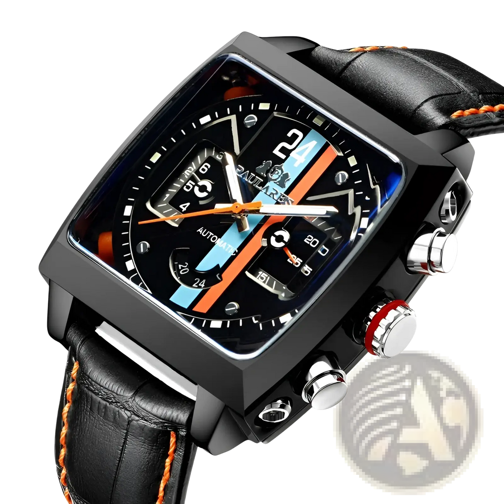 Paulareis square automatic watch with black leather strap featuring bold dial and orange light blue racing stripes