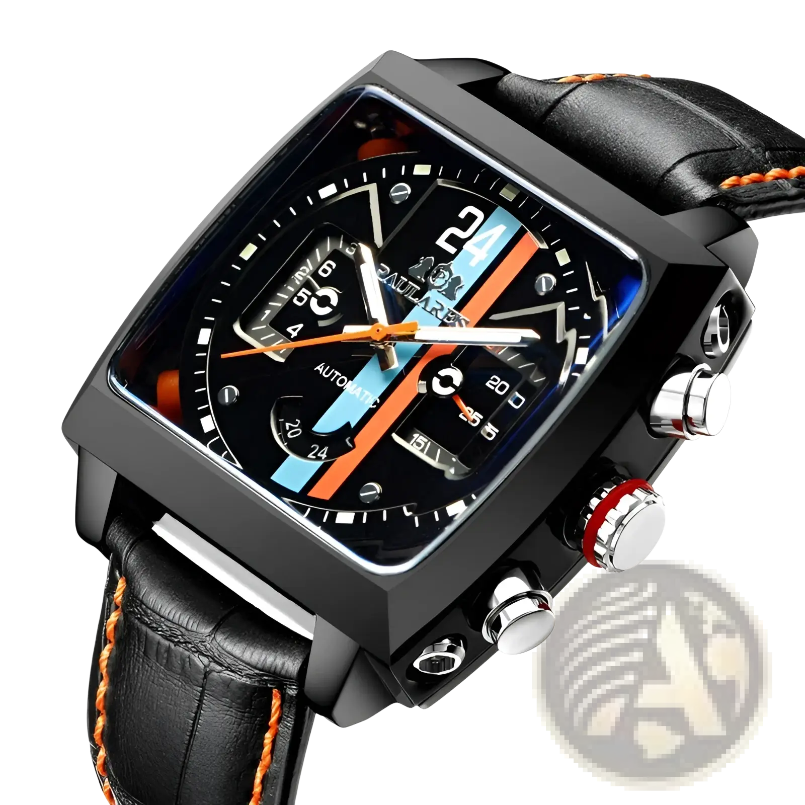 Paulareis square automatic watch with black leather strap featuring bold dial and orange light blue racing stripes