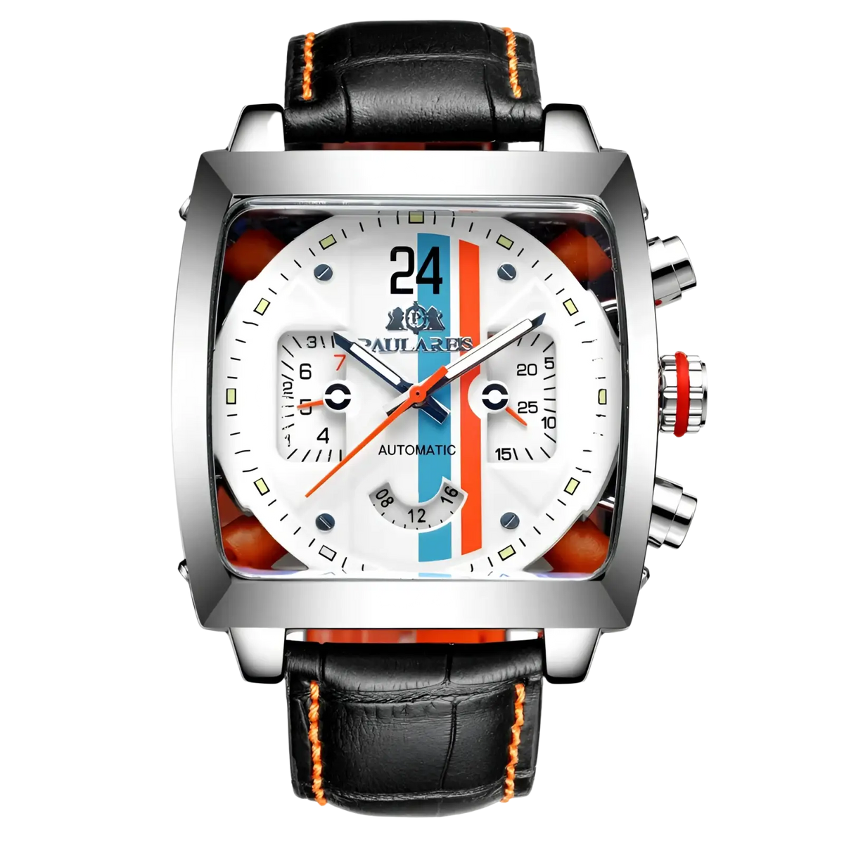 Paulareis square automatic watch with silver chronograph case white dial blue and orange stripes and black leather strap