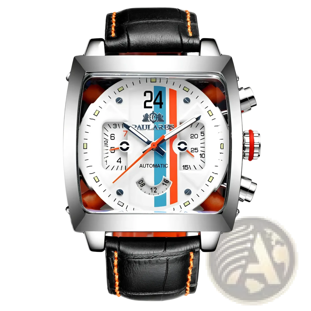 Paulareis square automatic watch with silver chronograph case white dial blue and orange stripes and black leather strap