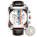 Paulareis square automatic watch with silver chronograph case white dial blue and orange stripes and black leather strap