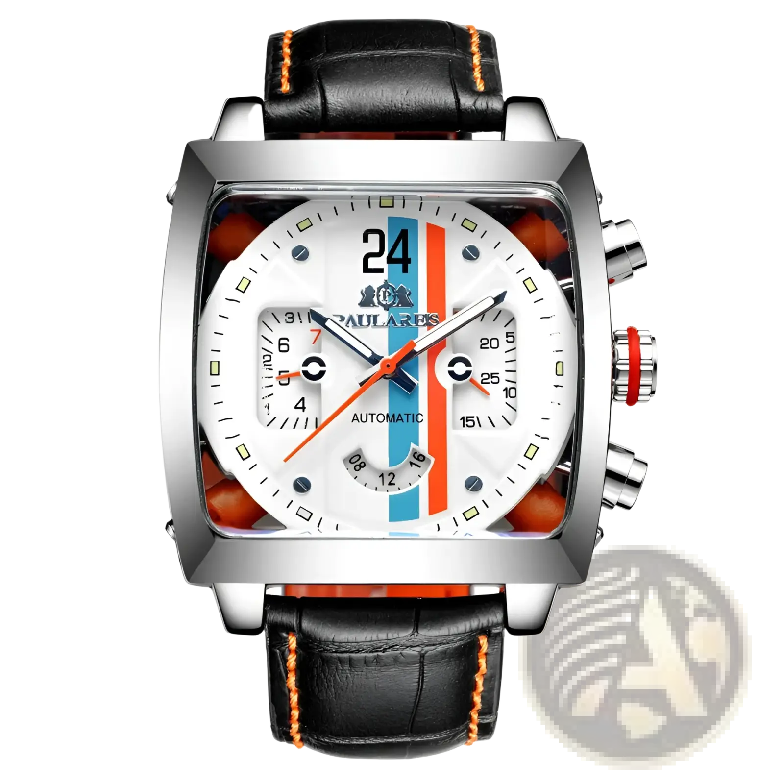 Paulareis square automatic watch with silver chronograph case white dial blue and orange stripes and black leather strap