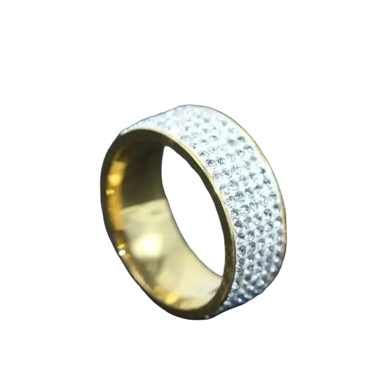 Gold-toned paved zircon wedding engagement ring with wide band densely set with clear sparkling crystals metal ring type
