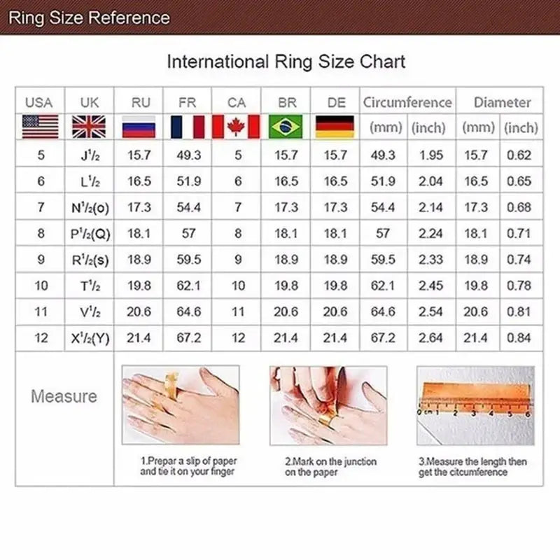 International ring size chart with measurements and steps for measuring finger circumference for paved zircon wedding engagement rings type and metals type