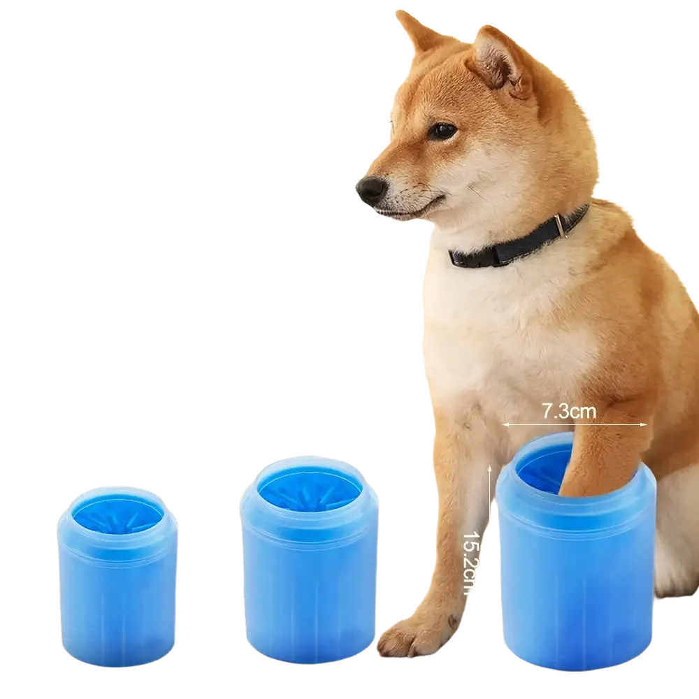 Blue plastic size mini silicone dog foot washer paw cleaner brush cup with textured interior and measurement markings
