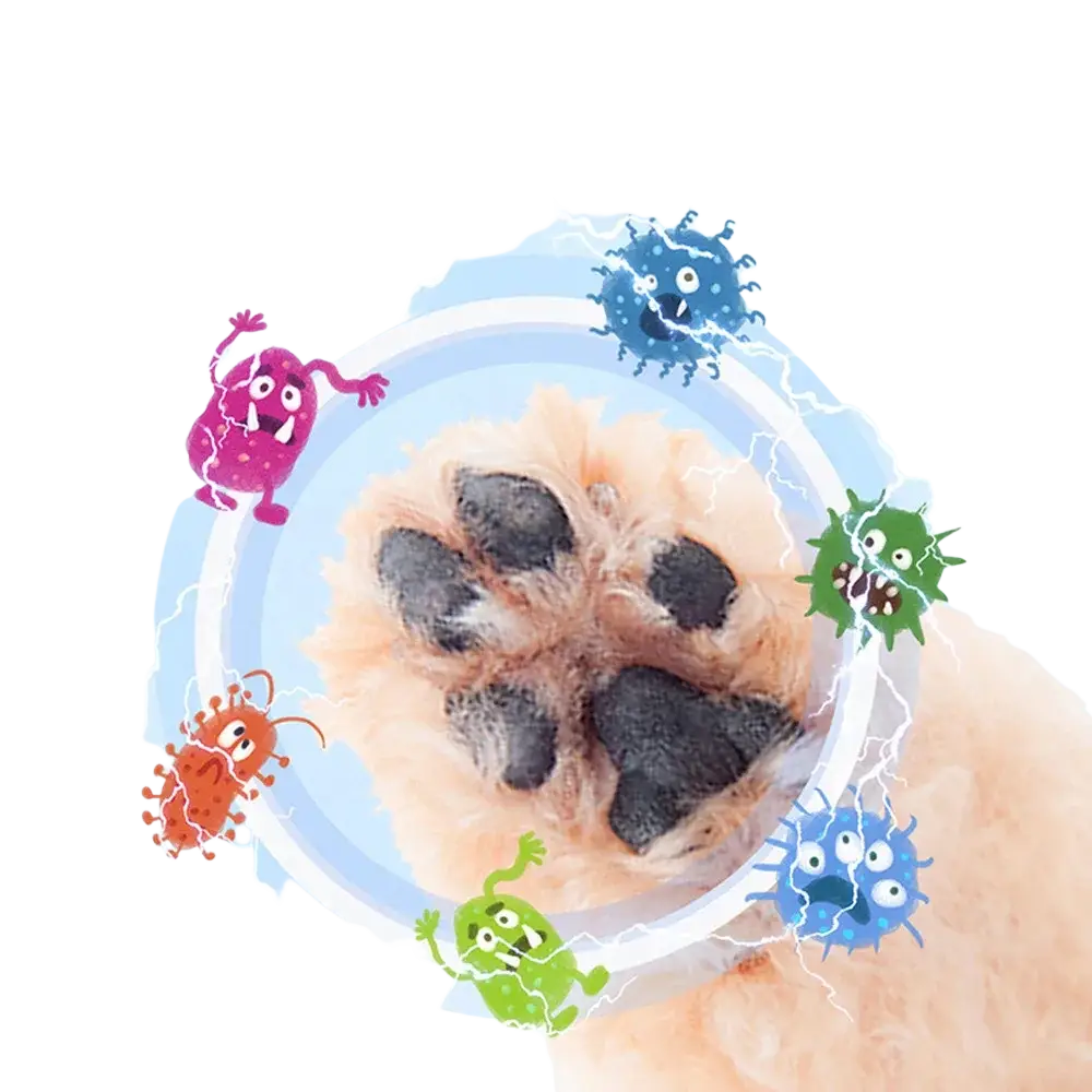 A fluffy tan dog paw with black pads surrounded by colorful germs and lightning bolts using a size mini silicone paw cleaner brush cup