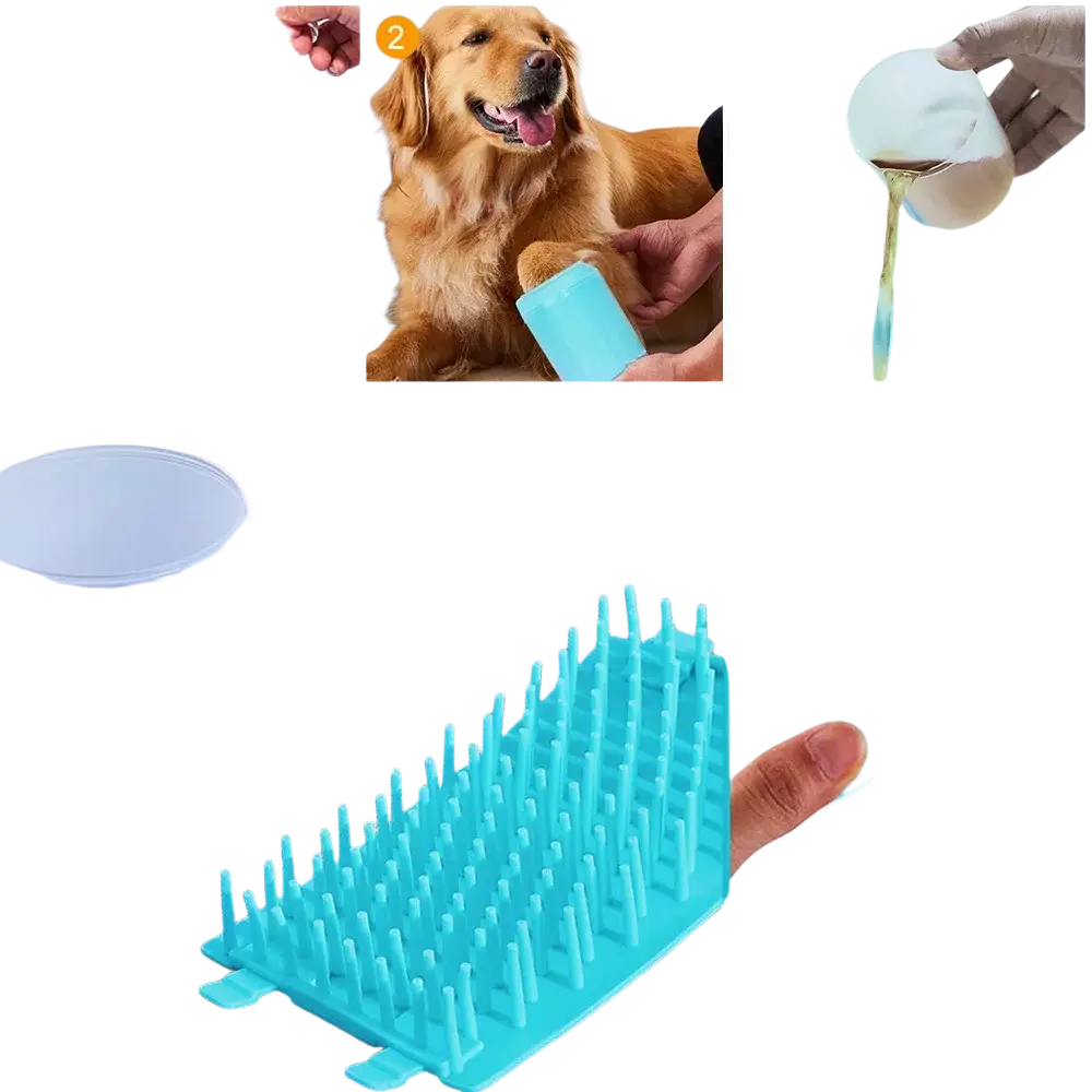 Turquoise plastic paw cleaner brush cup size mini with matching silicone container for dog foot washing