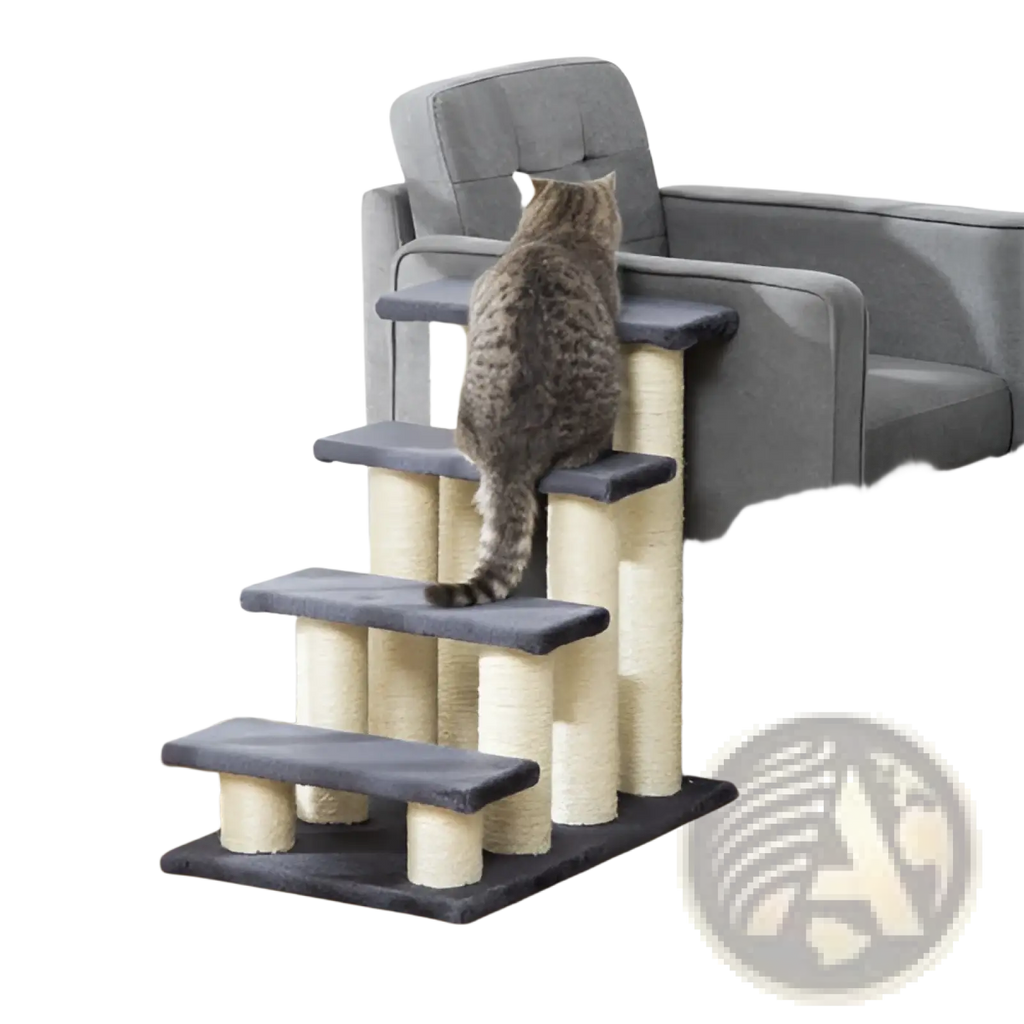 Gray tabby cat on pawhut 4-step cat stairs with dark gray platforms and beige sisal scratching posts