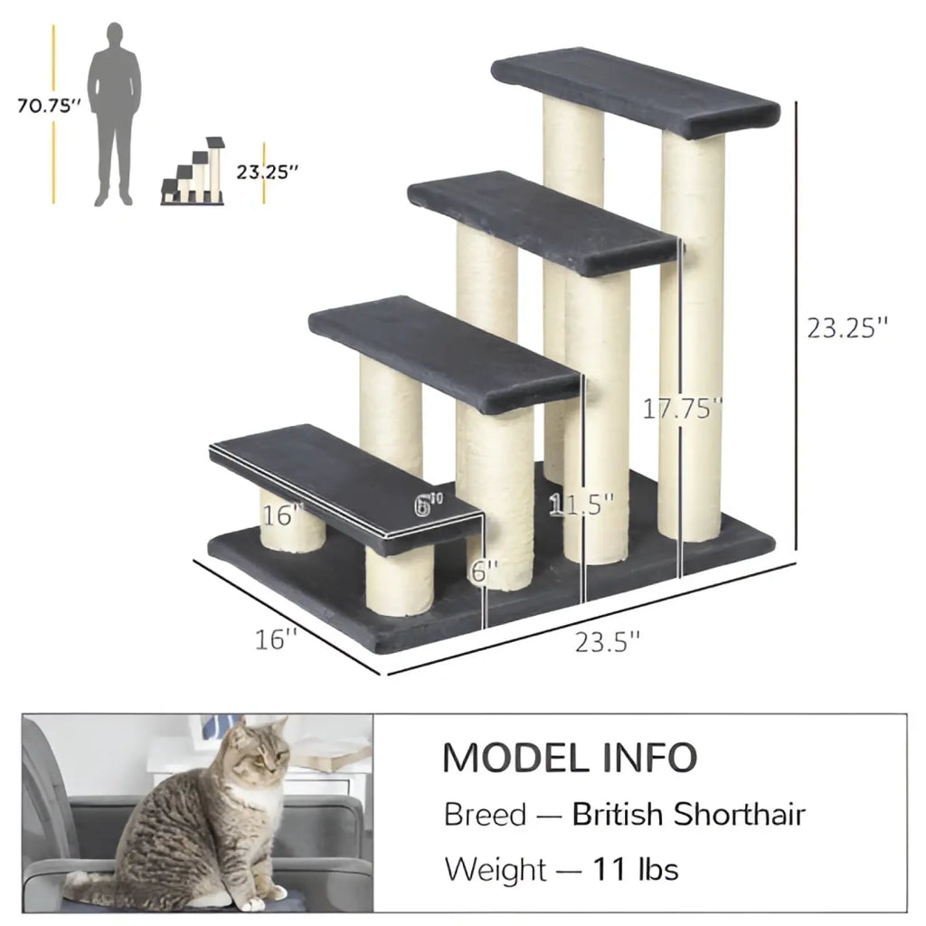 Black and cream pawhut 4-step cat stairs with sisal textured scratching posts and platform steps for cats to climb and scratch