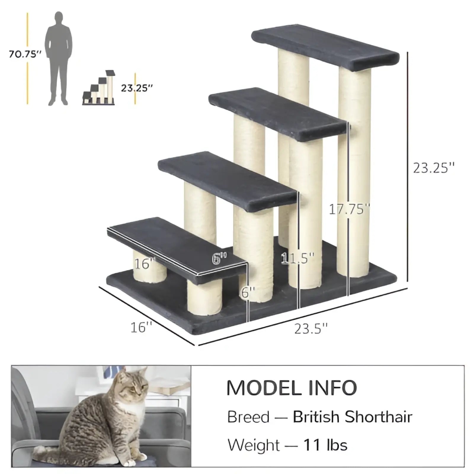 Black and cream pawhut 4-step cat stairs with sisal textured scratching posts and platform steps for cats to climb and scratch