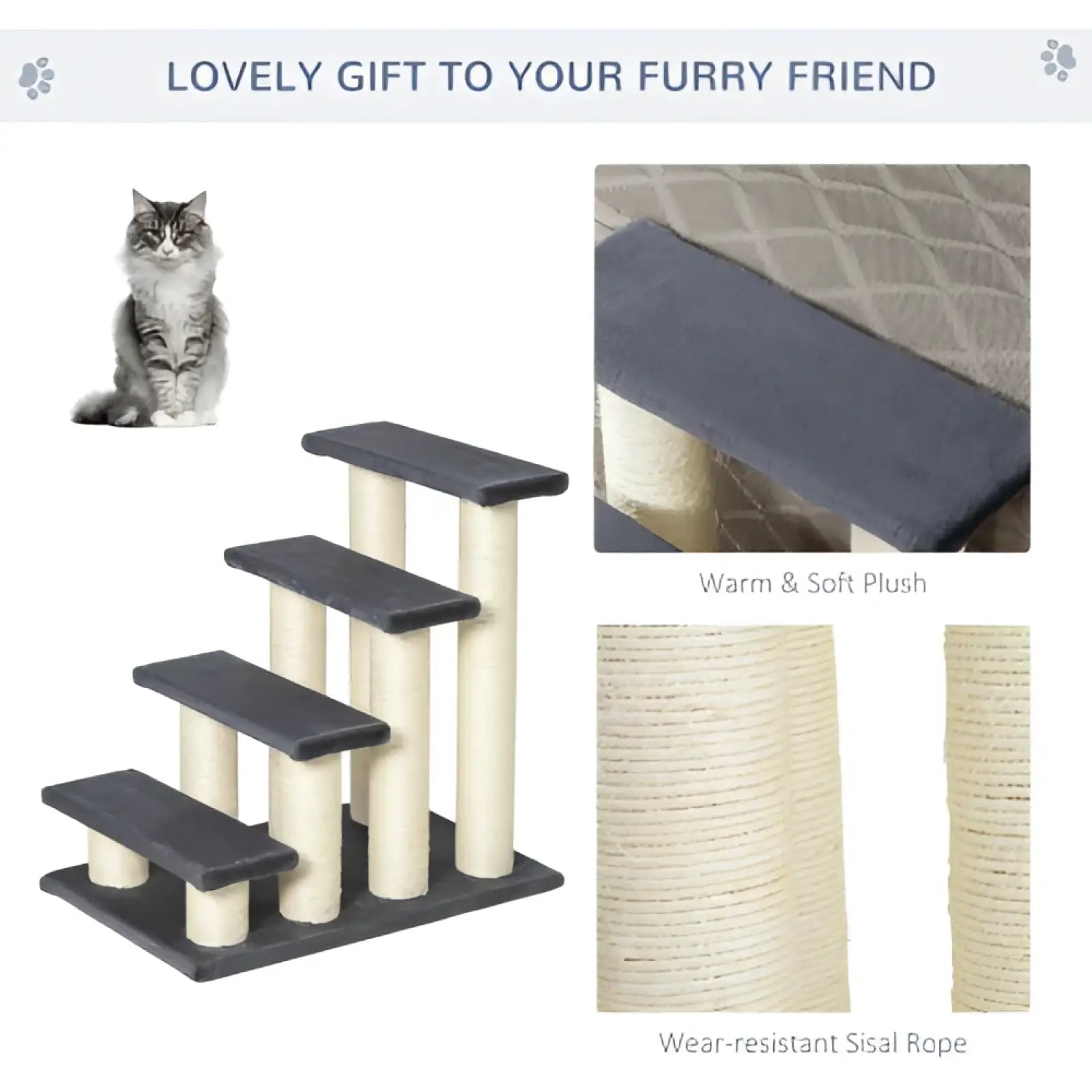 Pawhut 4-step cat stairs and sisal scratching post in black and cream with warm plush surfaces and durable sisal rope