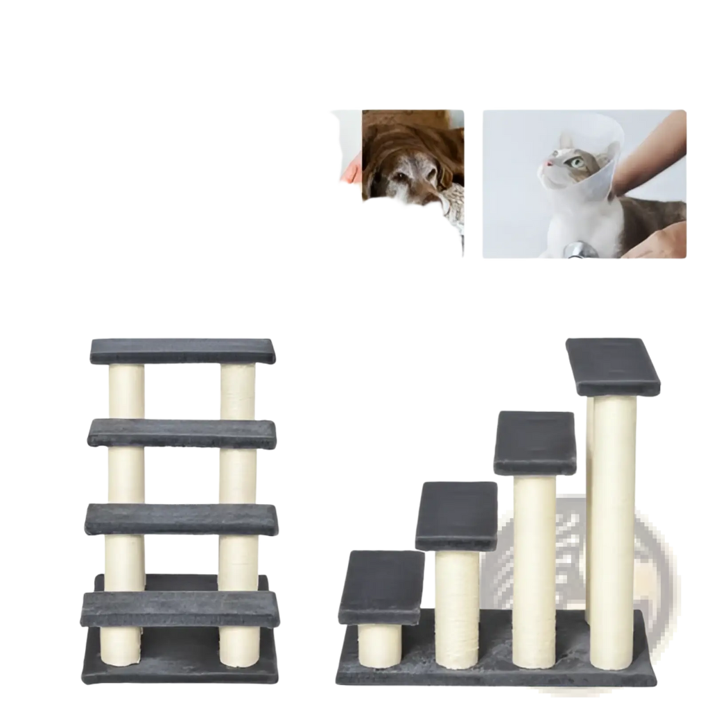 Black and cream pawhut 4-step cat stairs with sisal scratching posts and padded platforms for cats