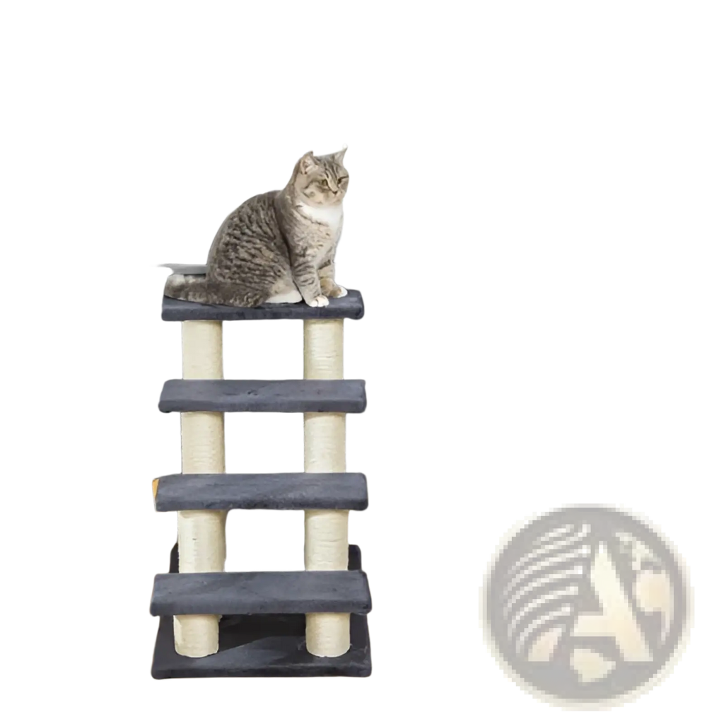 Gray and beige four-tier Pawhut cat activity center with sisal scratching posts and four-step stairs for climbing and play