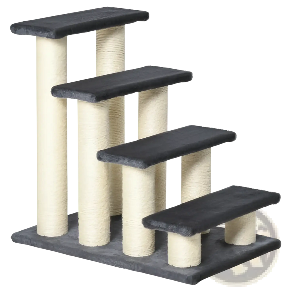 Beige and black pawhut 4-step cat stairs with sisal wrapped posts and four ascending platforms for scratching and climbing