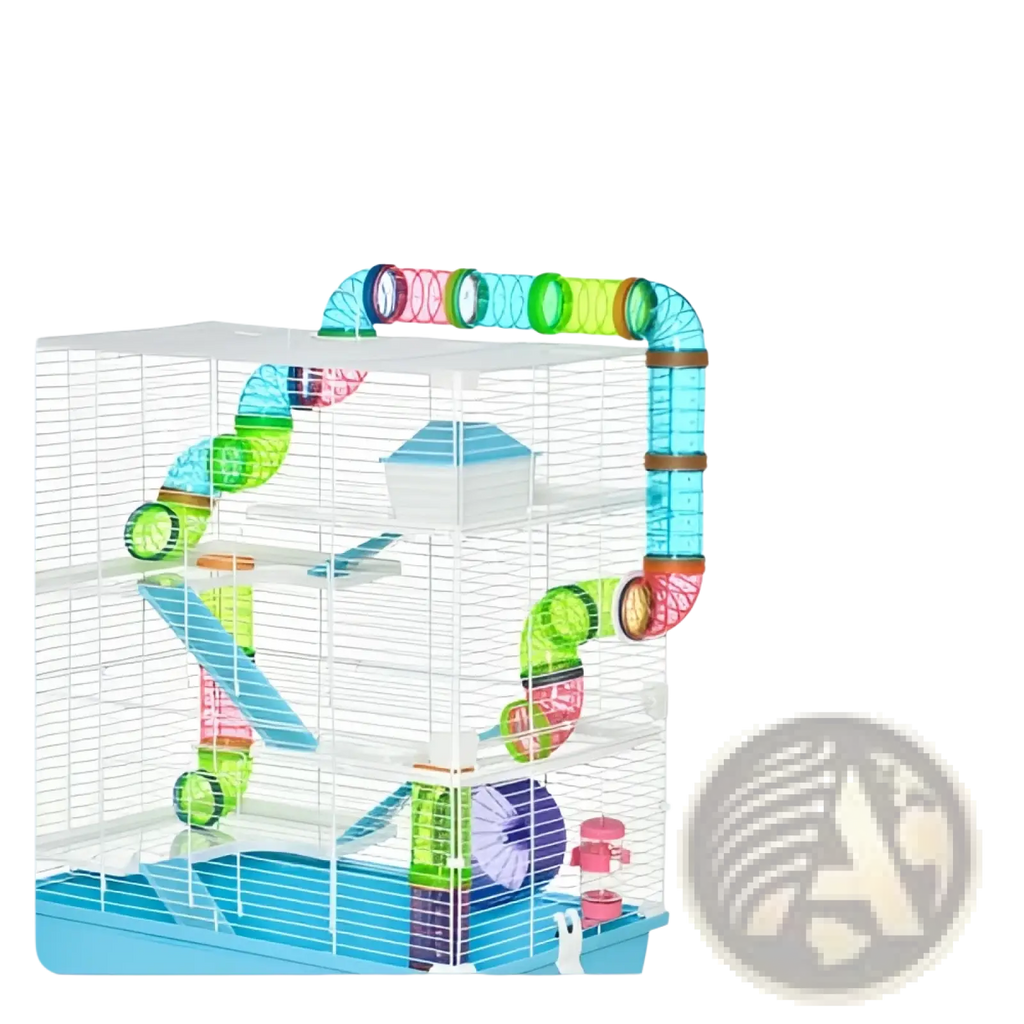Pawhut 5 tier hamster cage with colorful transparent plastic interconnected tubes and a blue base activity center